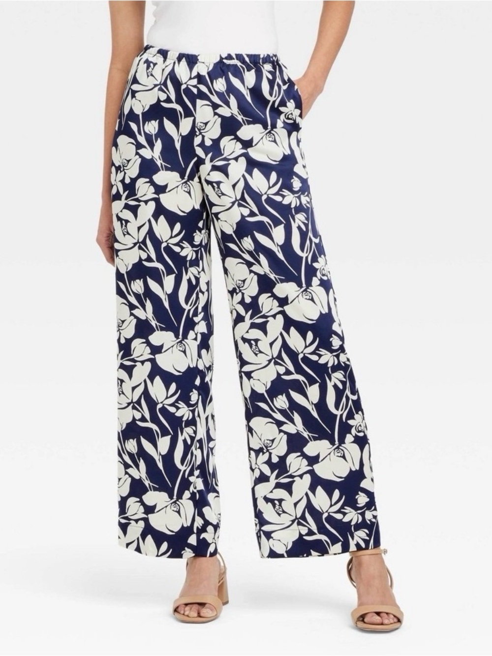 Floral Satin Wide-Leg Pull-On Pants - Navy & Cream